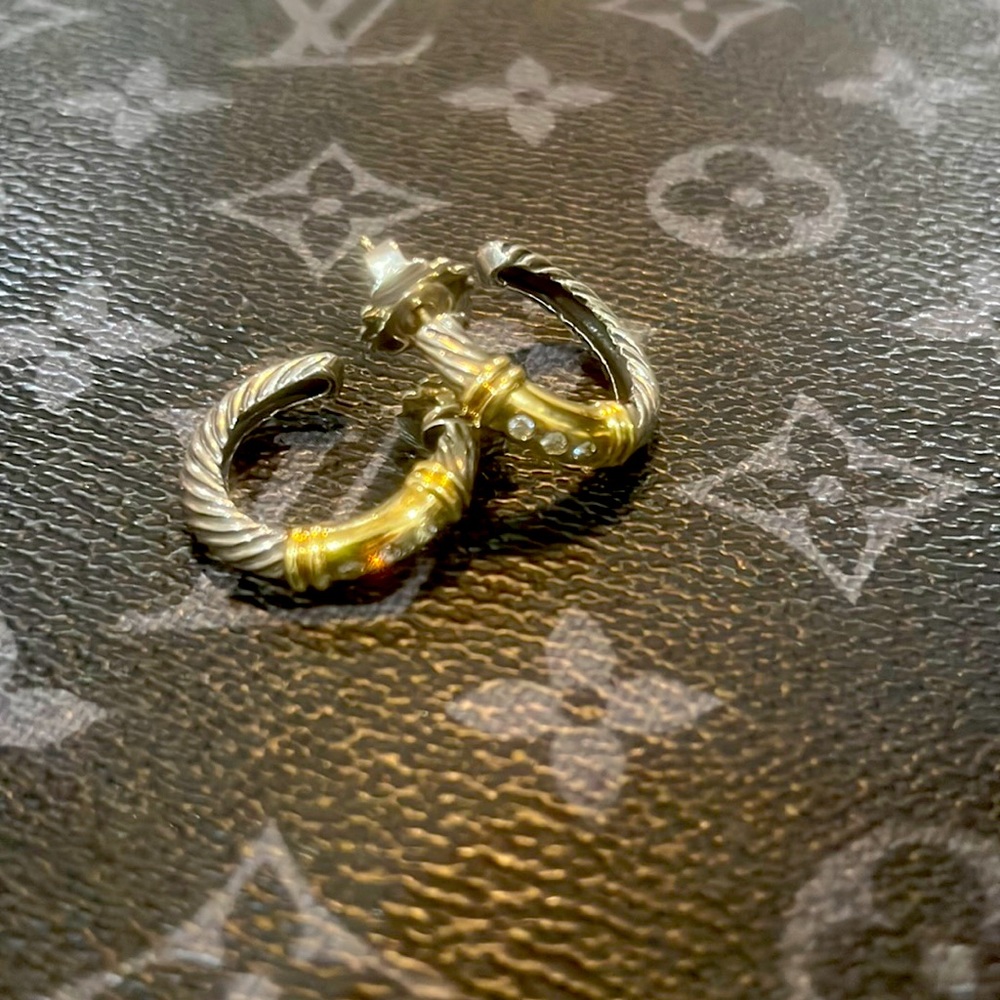 David Yurman Metro 14K Sterling Silver and Gold Cable Earrings with Diamonds